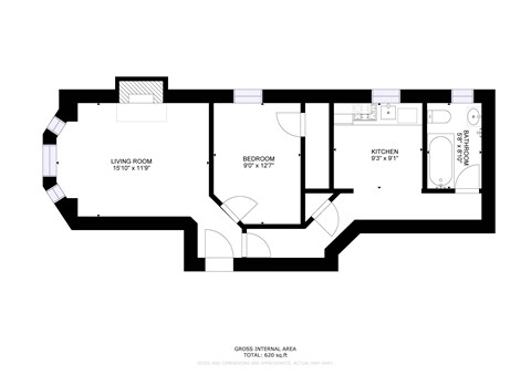 Floor plan for 1 bed, 1 bath, 620 sqft